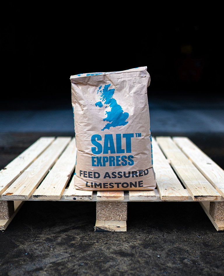 A Salt Express bag of feed assured limestone on a pallet
